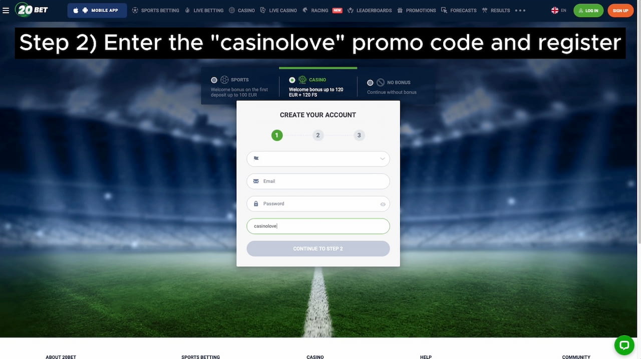 Registro en 20Bet Casino - Usa el código promocional CASINOLOVE