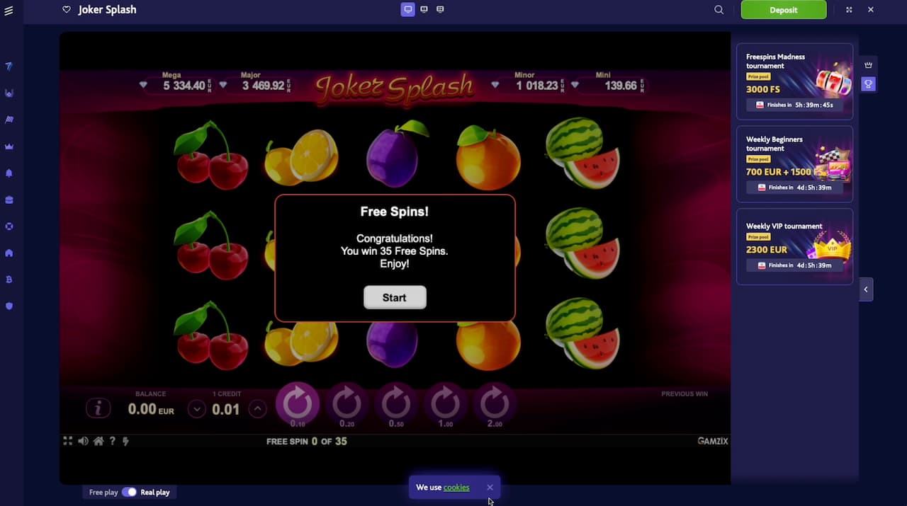 When opening the Joker Splash game we will receive the 35 free spins.