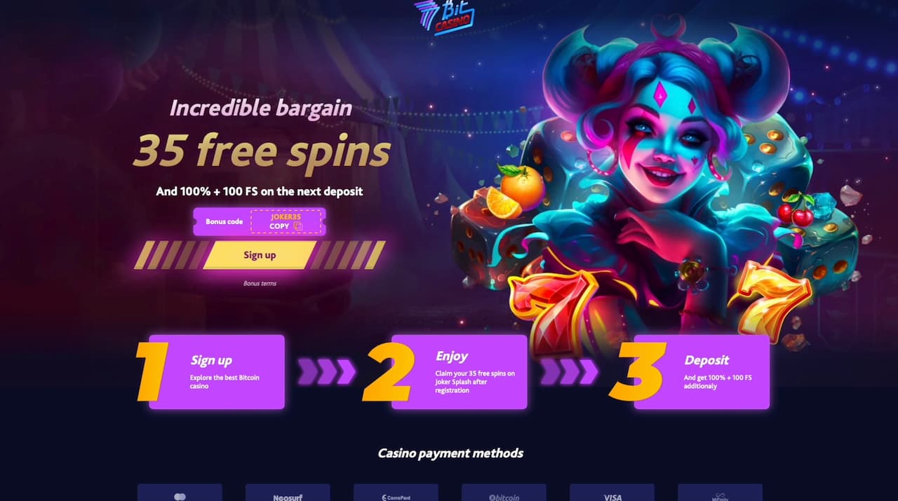 Promotional page at 7Bit Casino to get the 35 Free Spins no deposit bonus. Links to the terms and conditions. Use the JOKER35 promo code.