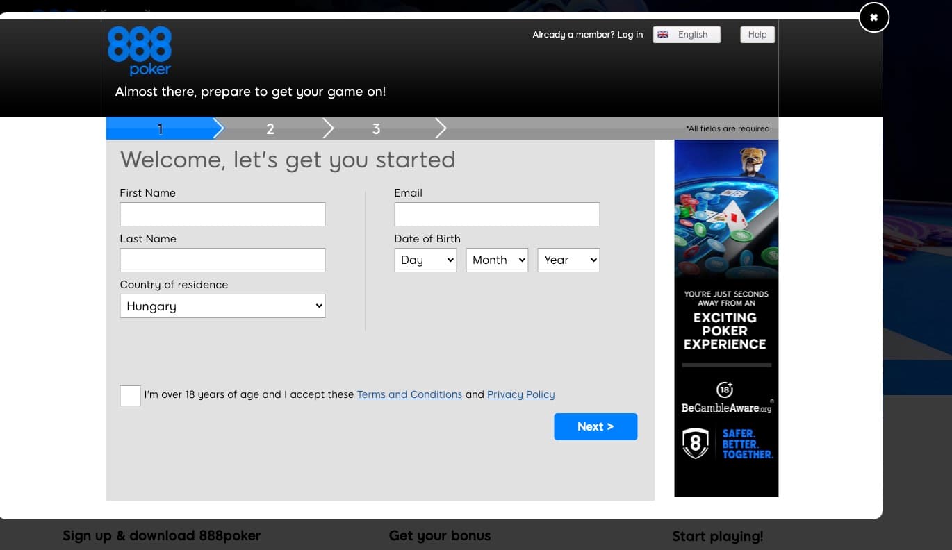 Registration page at 888 Poker