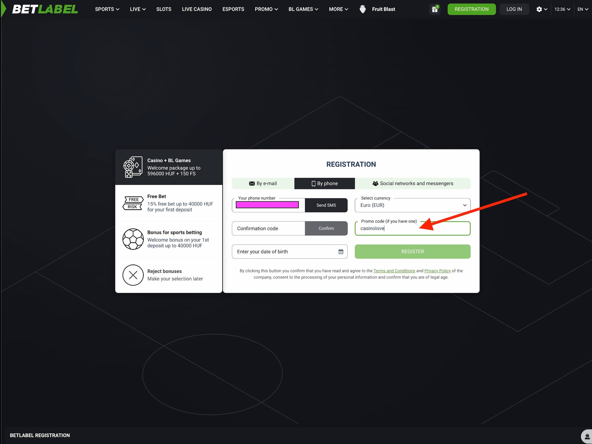 Starting the registration process at Betlabel Casino and provide the casinolove promo code.