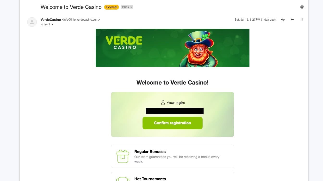 Verde Casino bekræftelses email