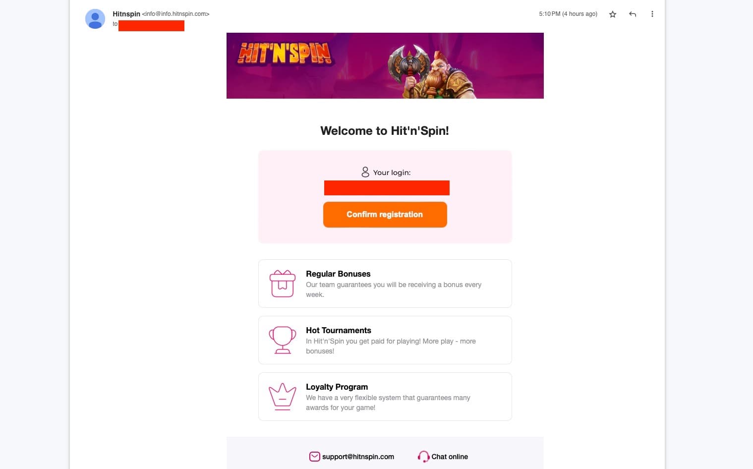 Bestätigungs-E-Mail von Hit n Spin Casino