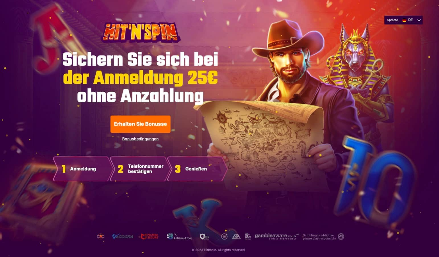 Angebotsseite für Bonus ohne Einzahlung im Hit n Spin Casino