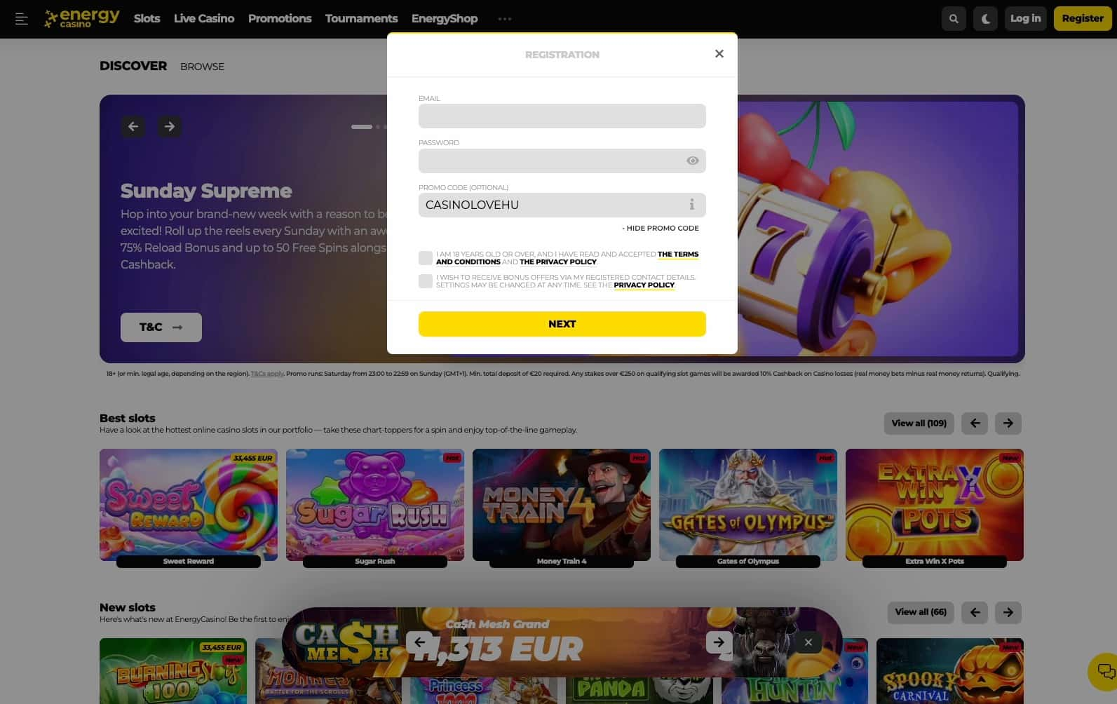 CASINOLOVEHU 프로모션 코드가 적용된 Energy Casino에서의 등록 첫 번째 단계