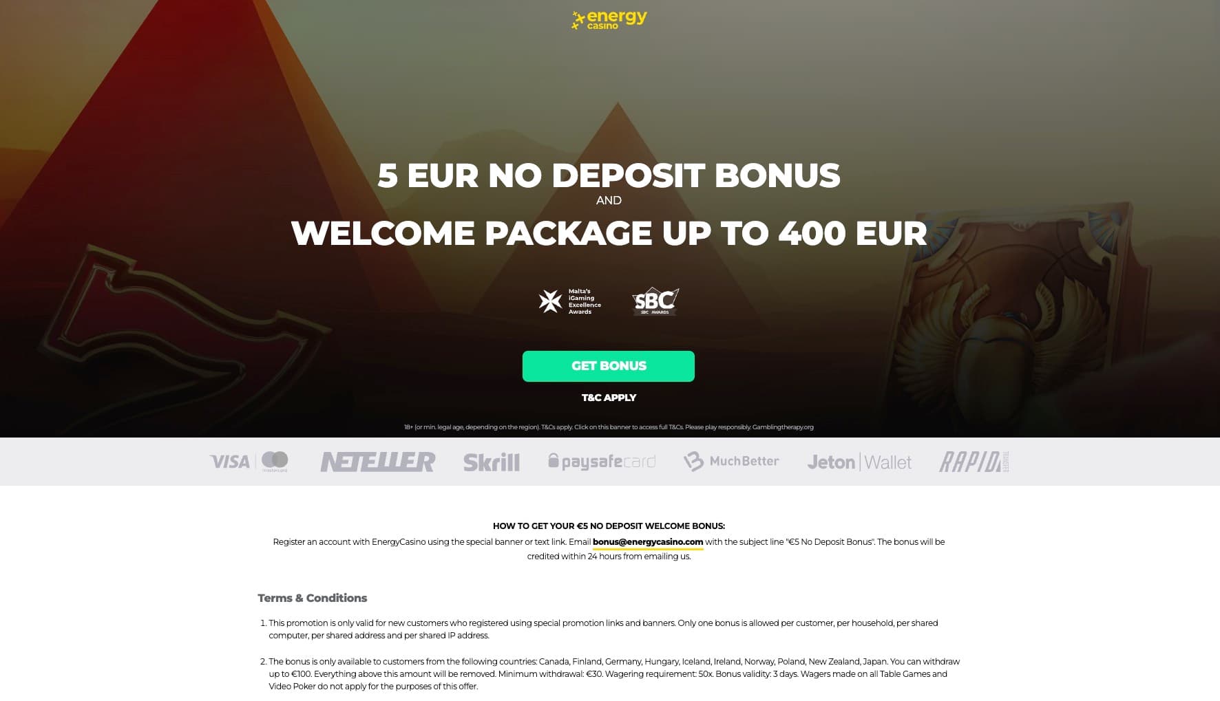 No deposit offer page at Energy Casino