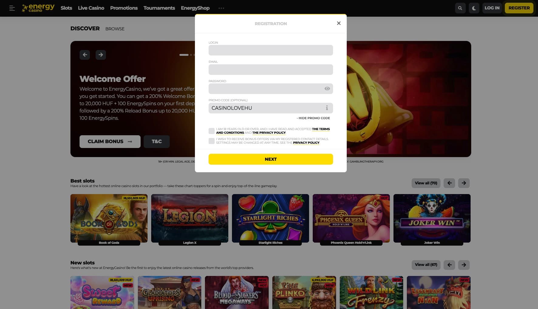 Registration page at Energy Casino