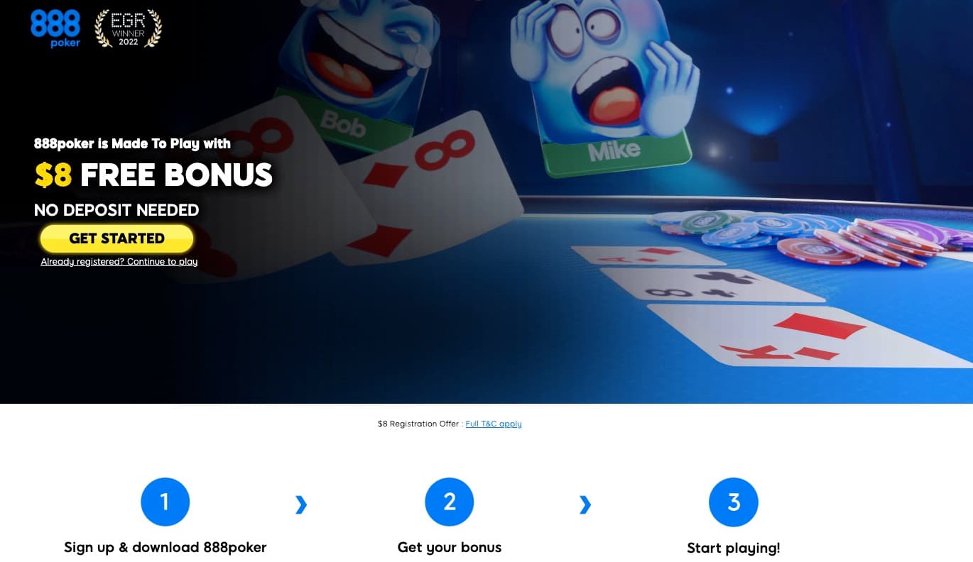 Página de oferta sin depósito en 888 Poker