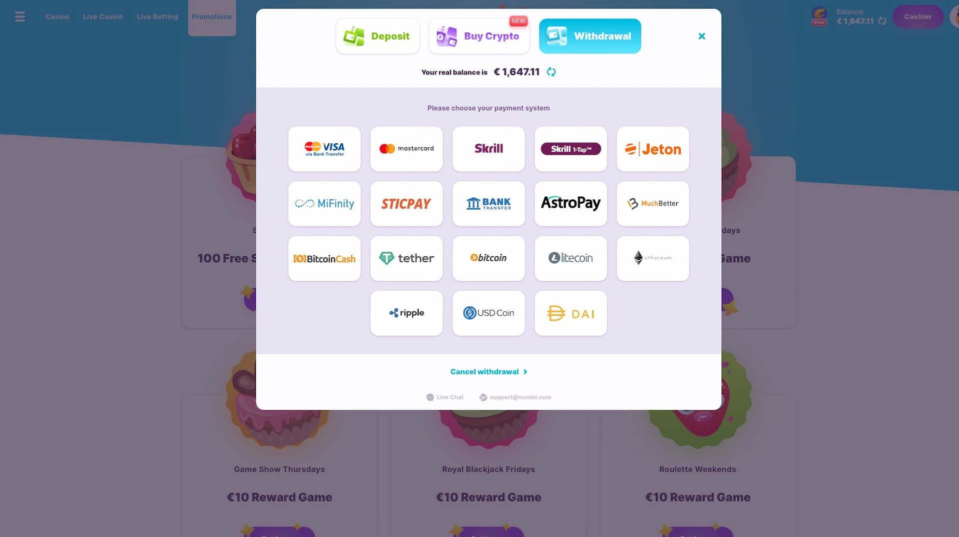 گزینه‌های پرداخت برای برداشت از کازینو Nomini