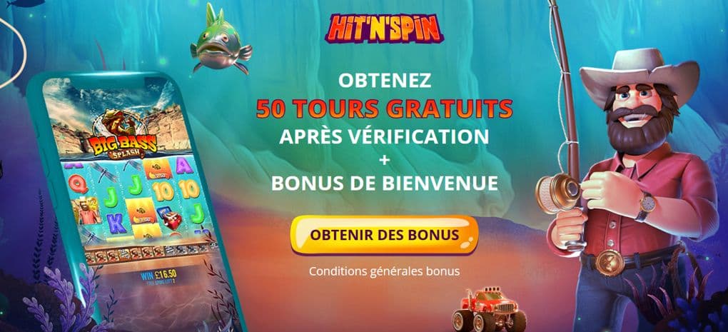 Page d'offre de 50 tours gratuits sans dépôt chez Hit n Spin Casino