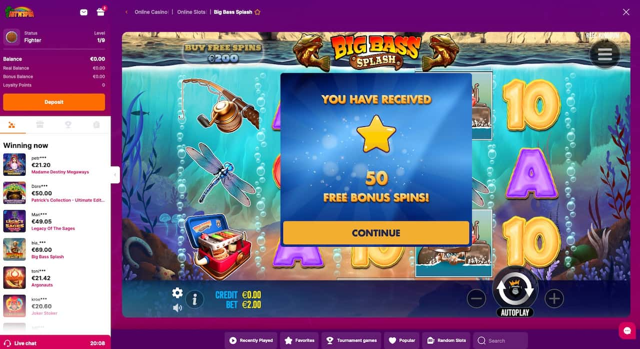 Big Bass Splash slot 50 Free Spins notification