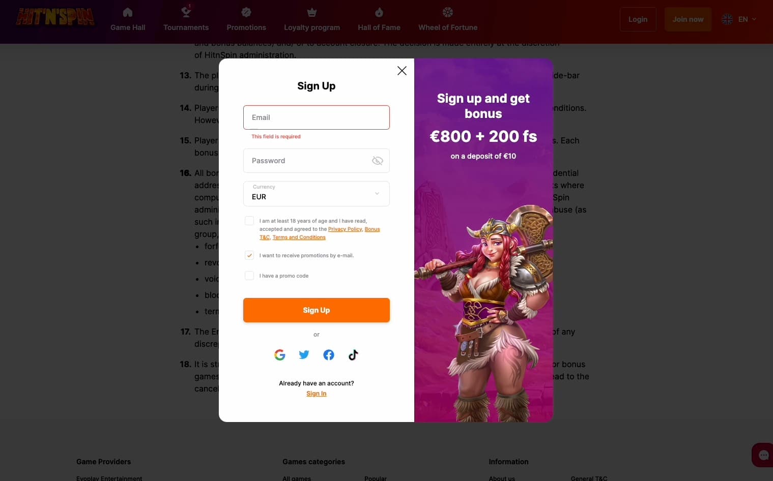 Registration page at HitnSpin Casino