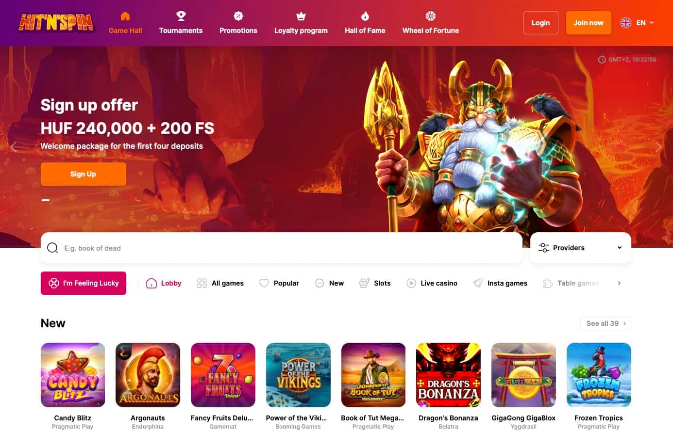 Hemsidan för Hit'n'Spin Casino