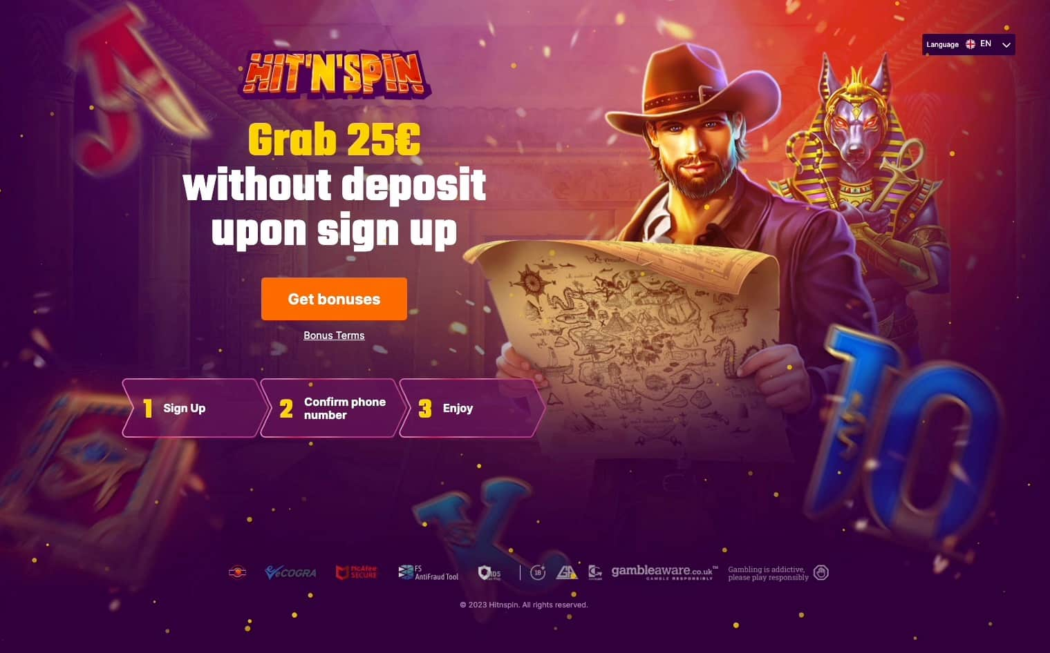 Pagina ofertei fără depunere la Hit n Spin Casino