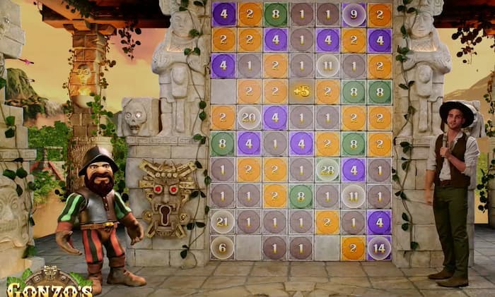 Gameplay of Gonzo's Treasure Hunt Live game showing the stone wall