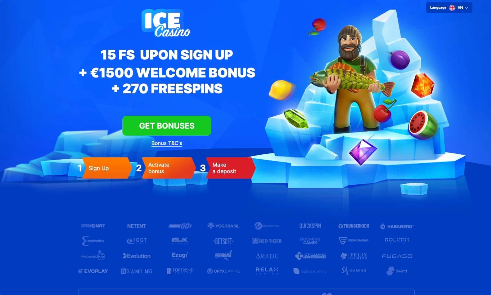 Landing page with the 15 free spins bonus details