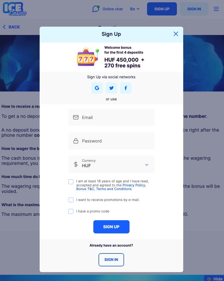 Registration page at Ice Casino