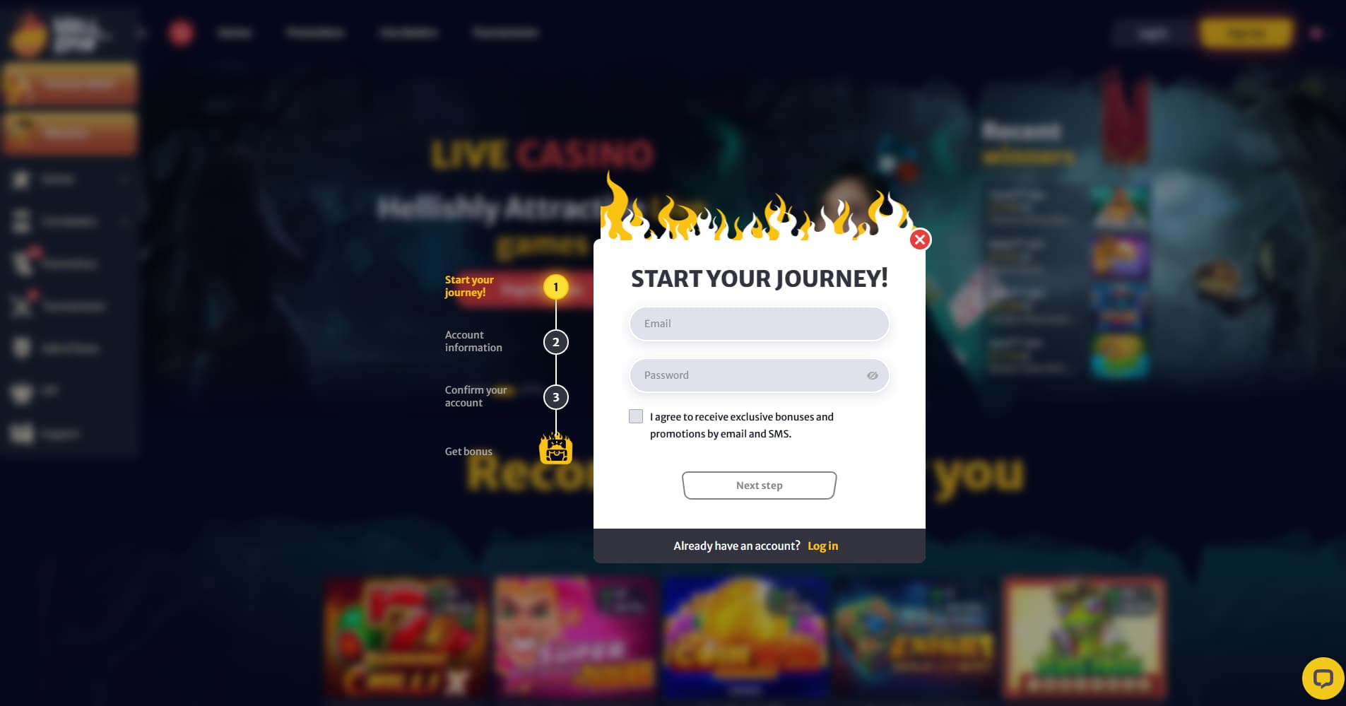 Use the promotional link to navigate to the Hellspin Casino website. Provide an email address and password for registration.