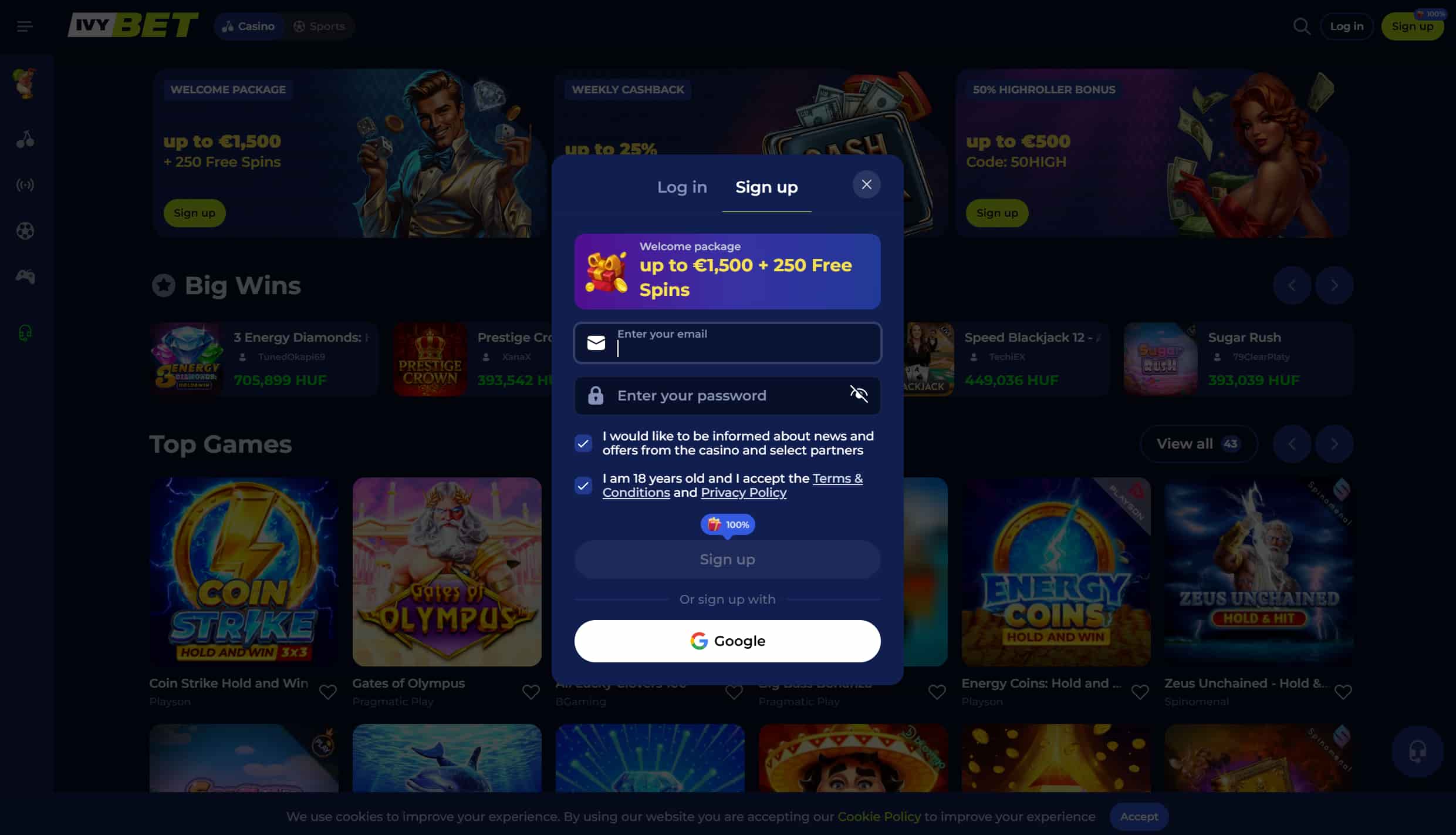 Registration page on Ivybet Casino