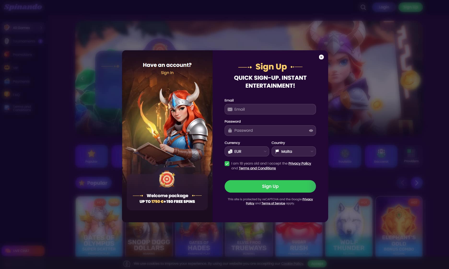 Registration page on Spinando Casino