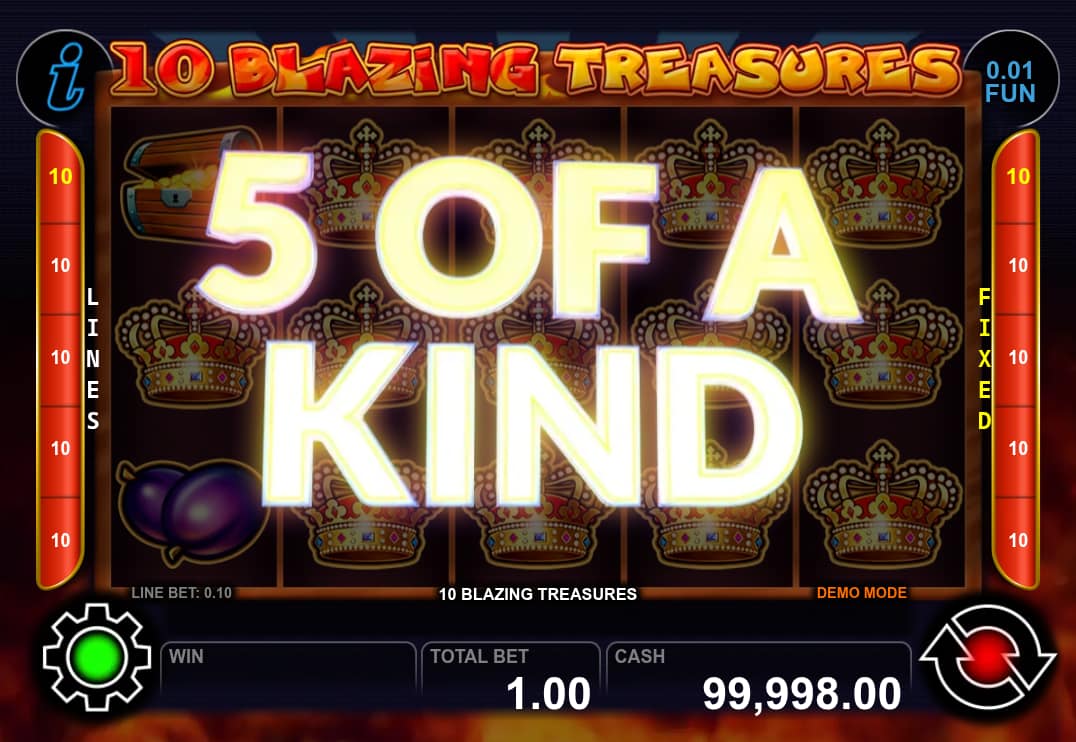 5 of a Kind Win Screen - 10 Blazing Treasures slot game