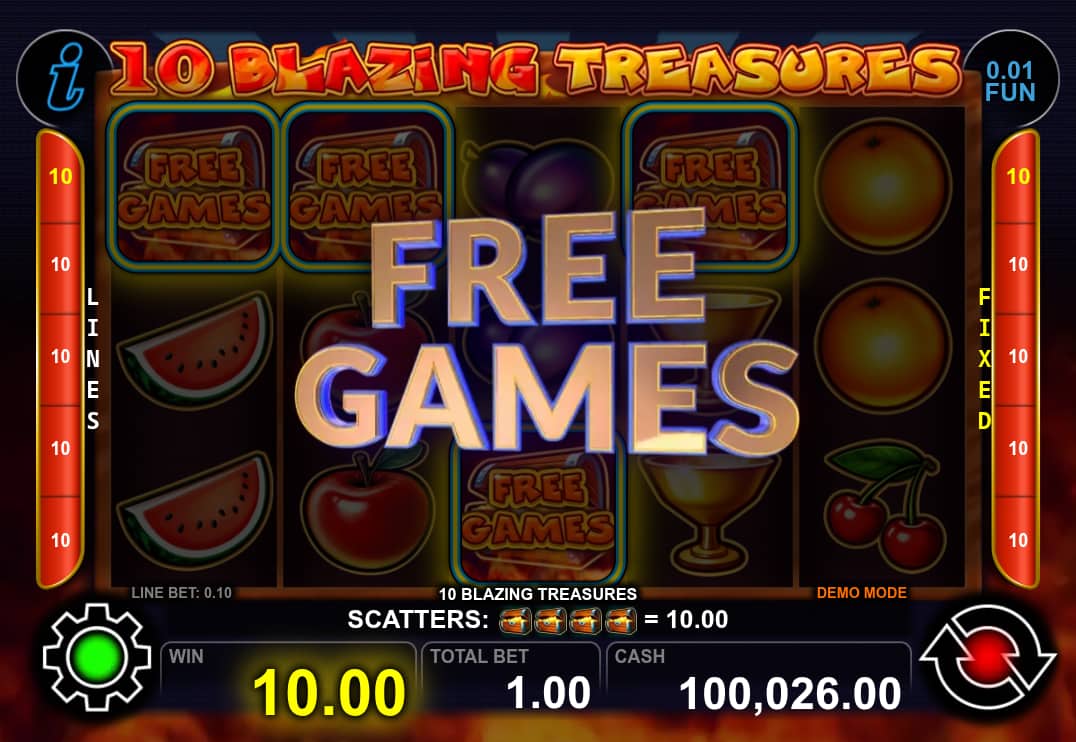 Free Games Screen - 10 Blazing Treasures slot game