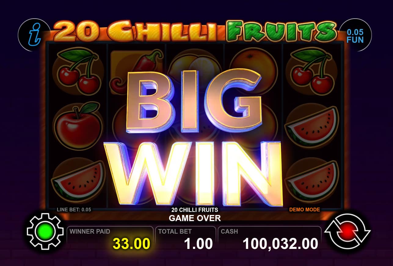 Big Win Screen - 20 Chilli Fruits slot game