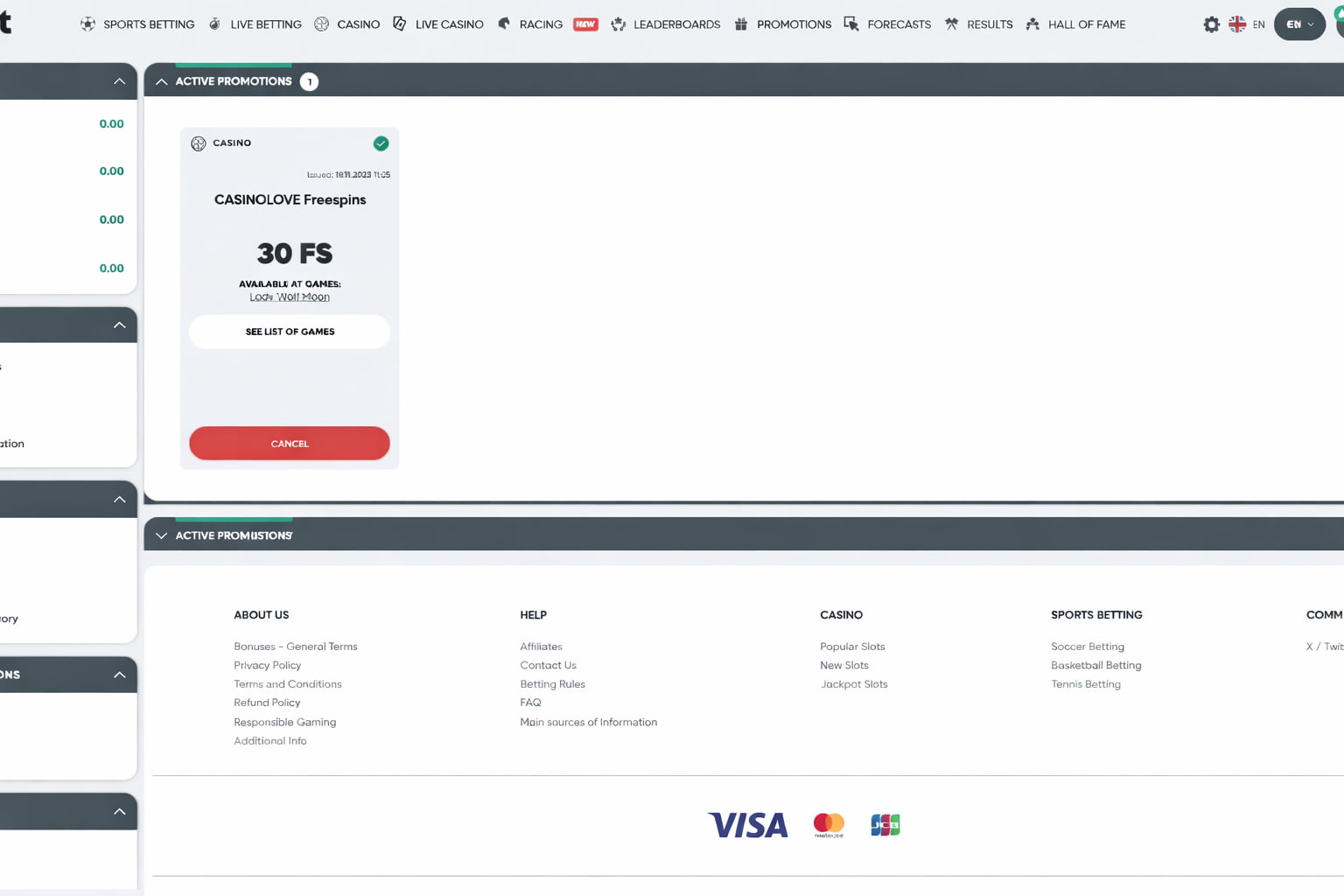 Bonuses menu within our profile shows the free spins