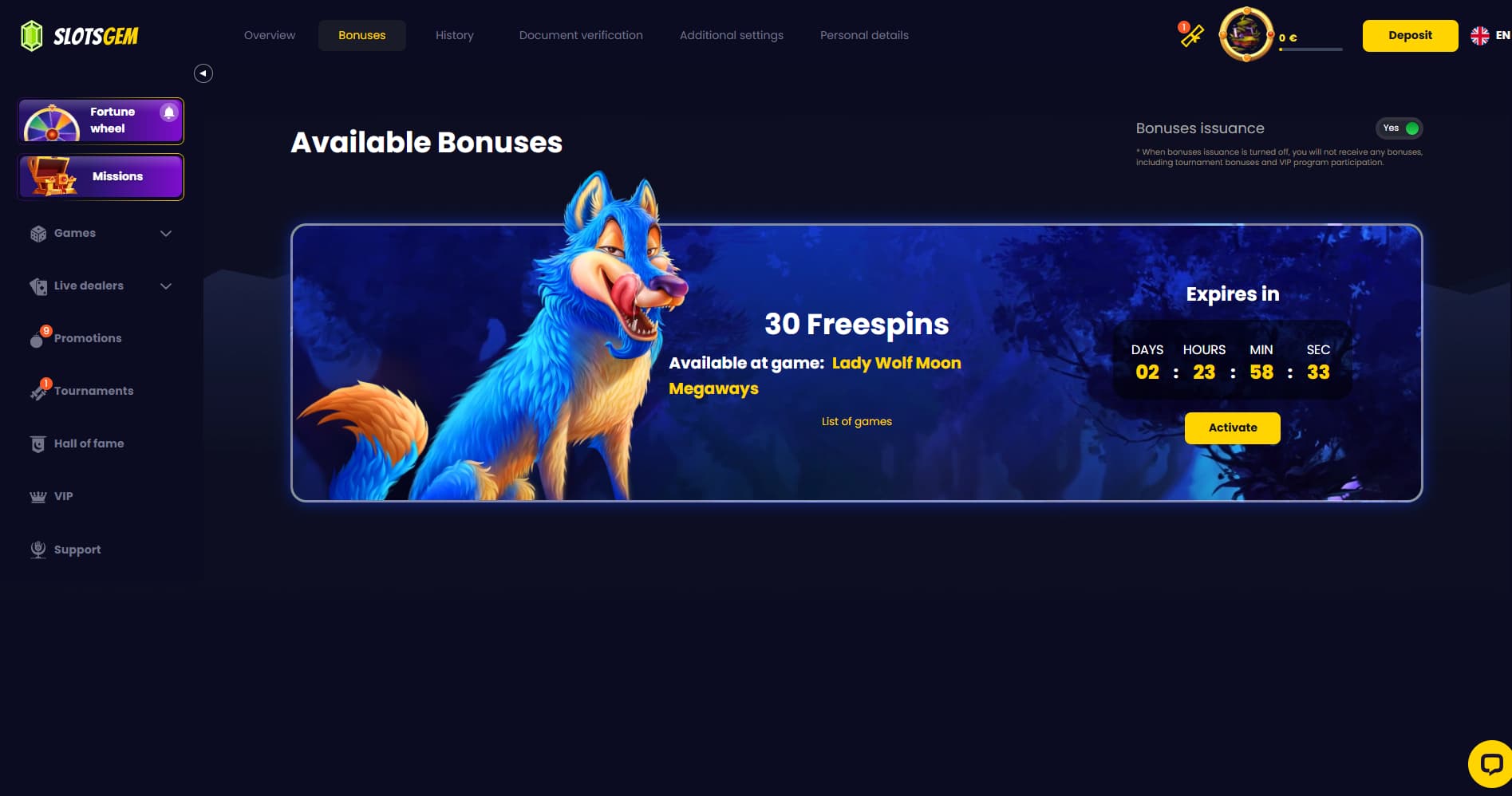 Activate the free spins bonus for the Lady Wolf Moon Megaways slot.