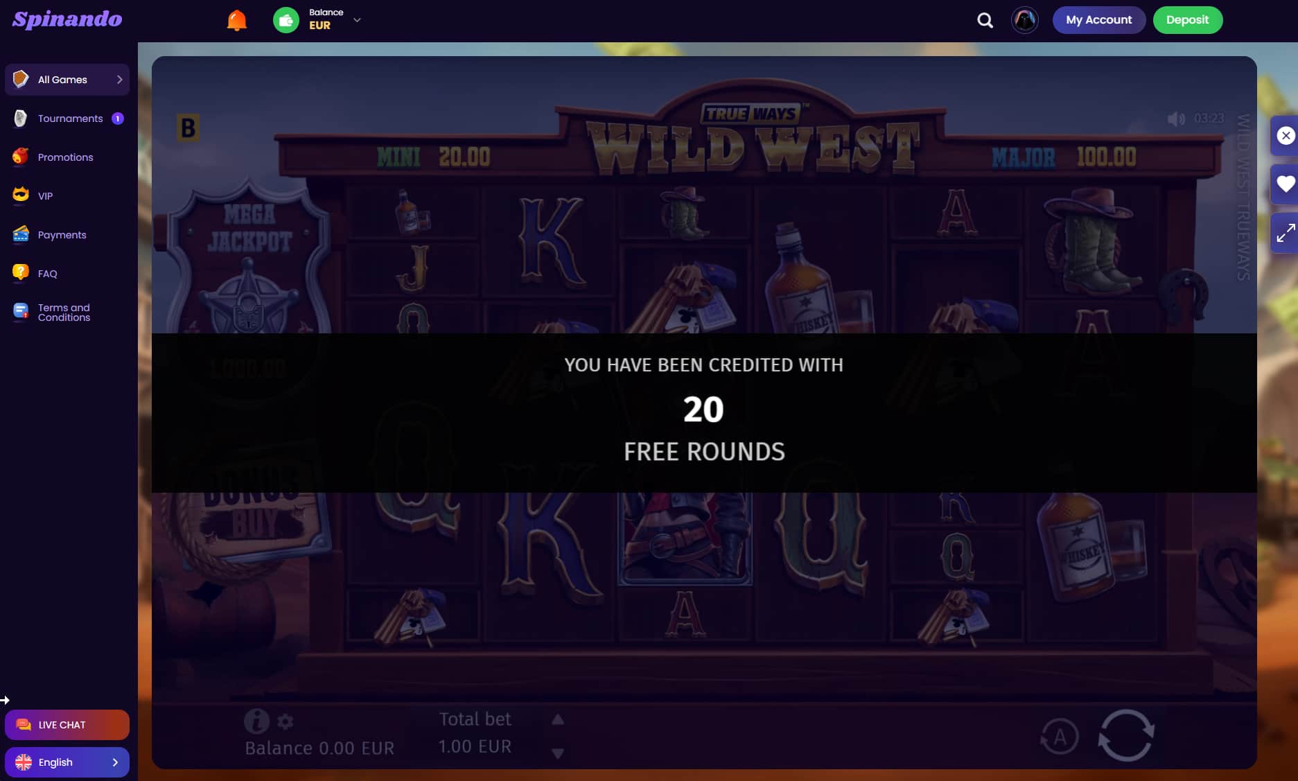 Once you launch the preferred game it will show you the 20 free spins credit message.