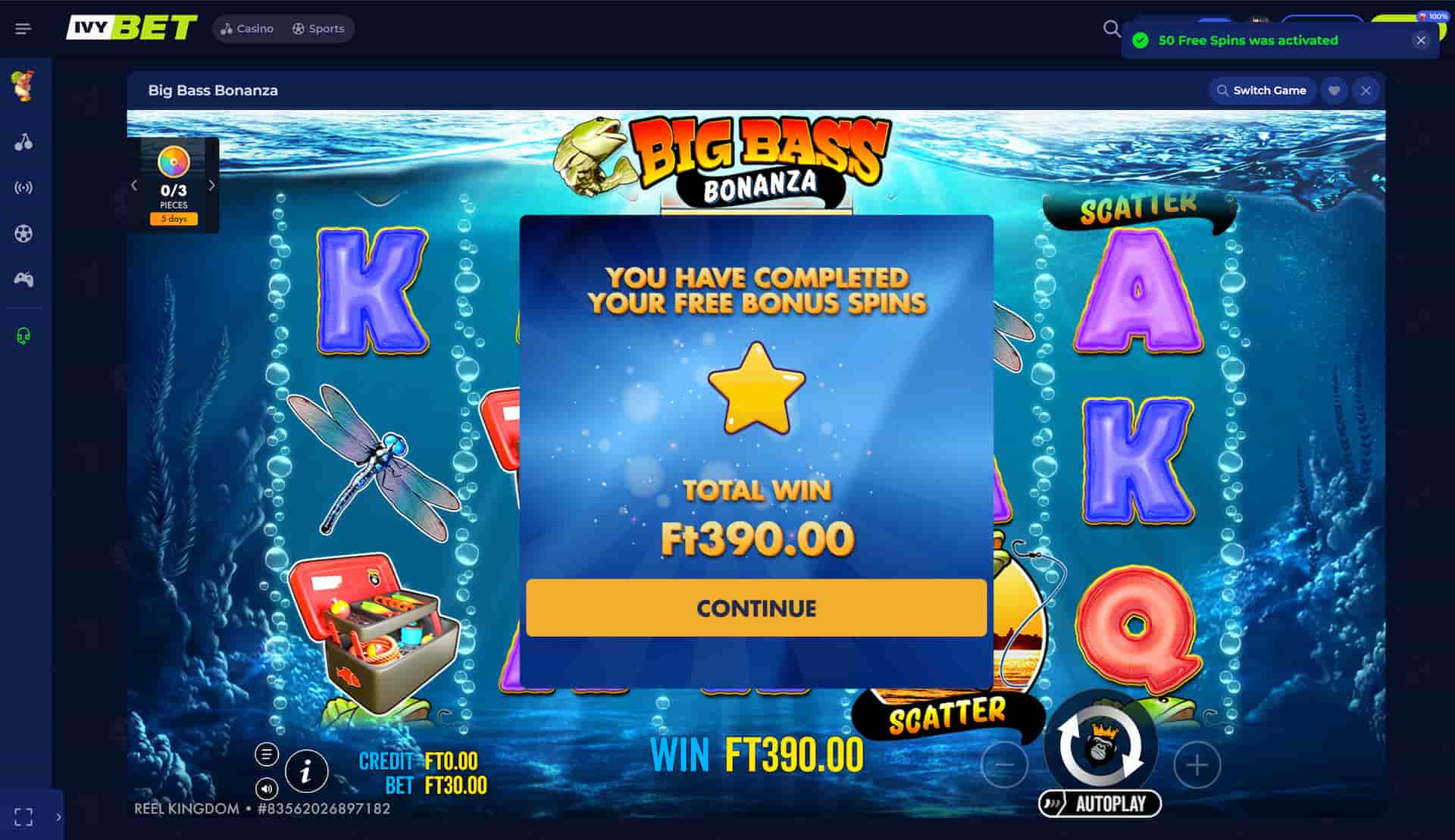 Once you completed the free spin you will see the summary of your wins. This is granted as a bonus.