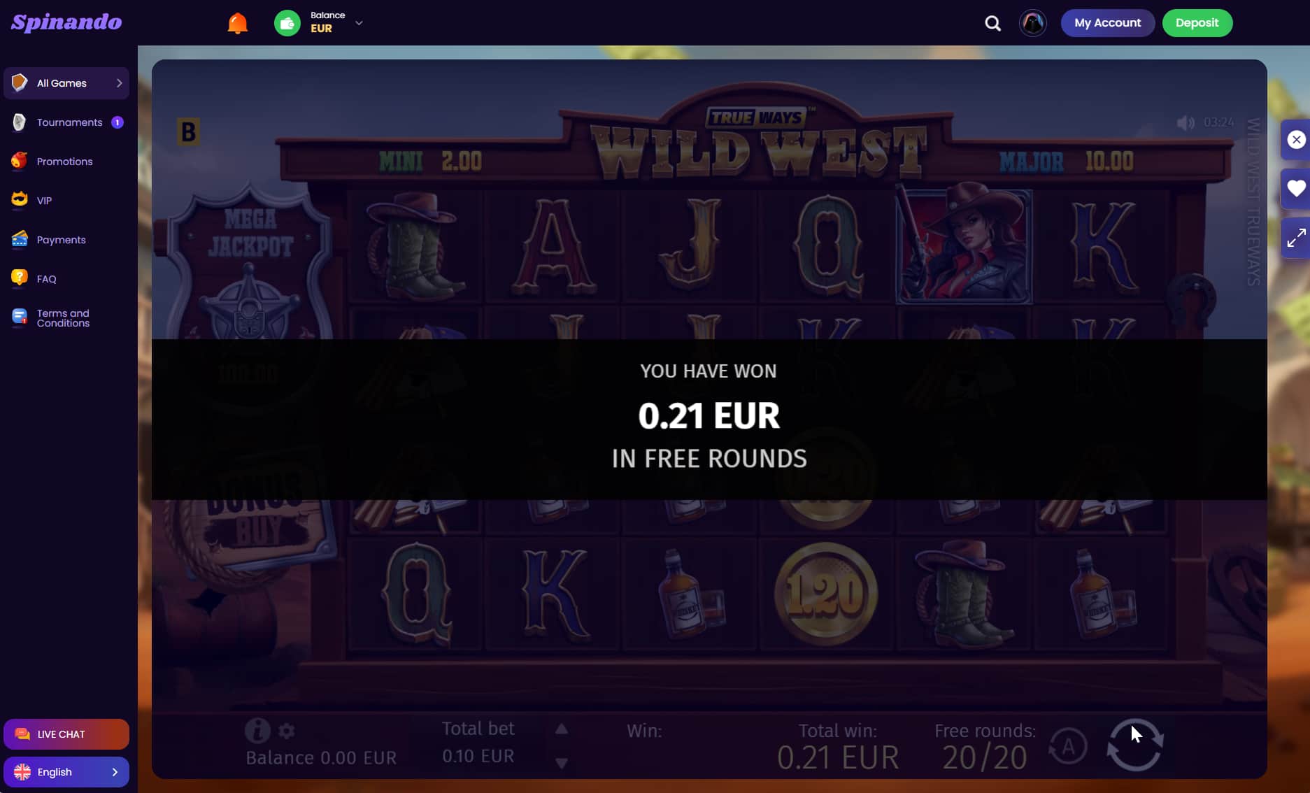 Once you completed the free spin you will see the summary of your wins. This is granted as a bonus.