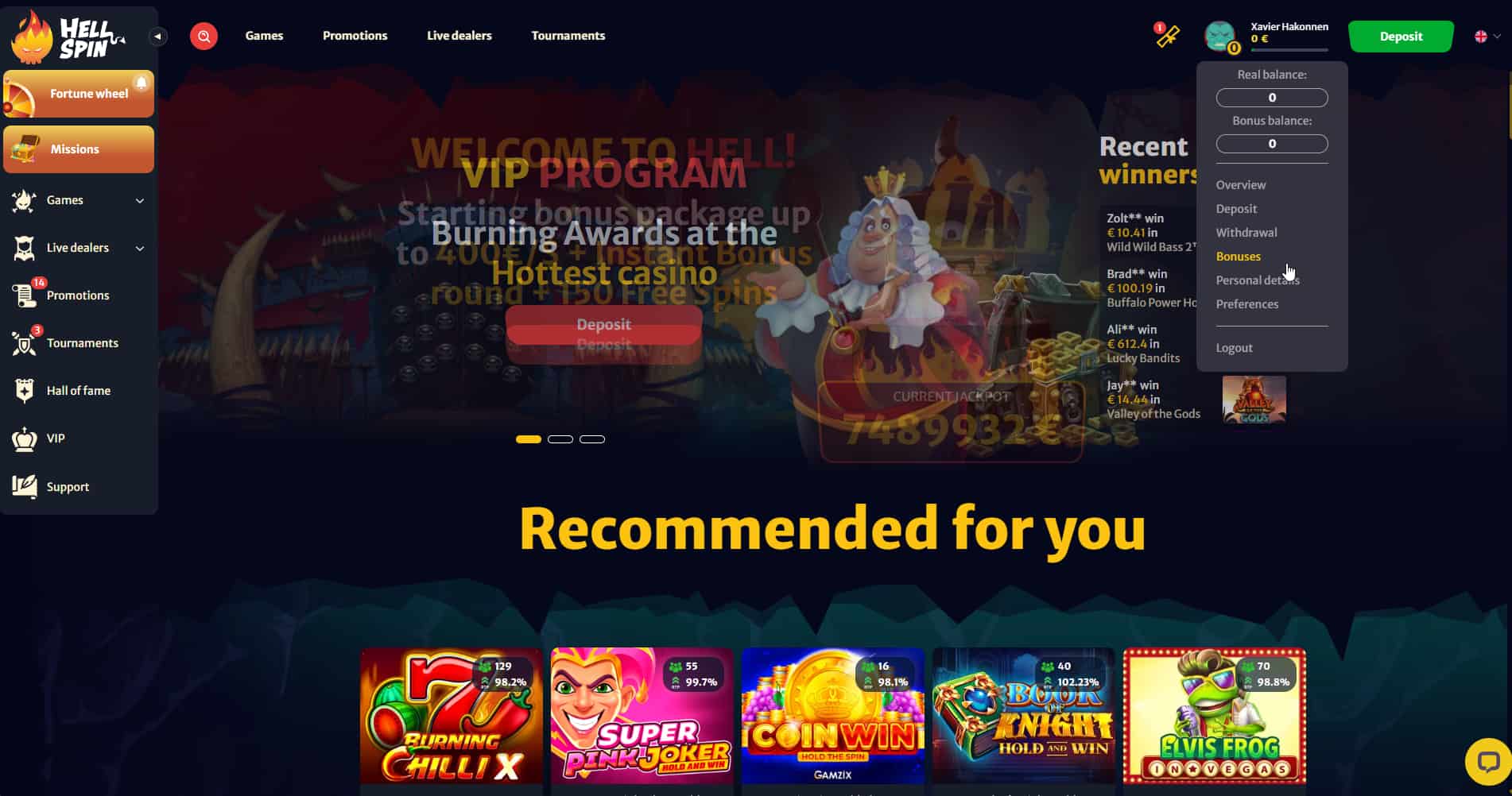 Navigate to the bonuses section using the menu.