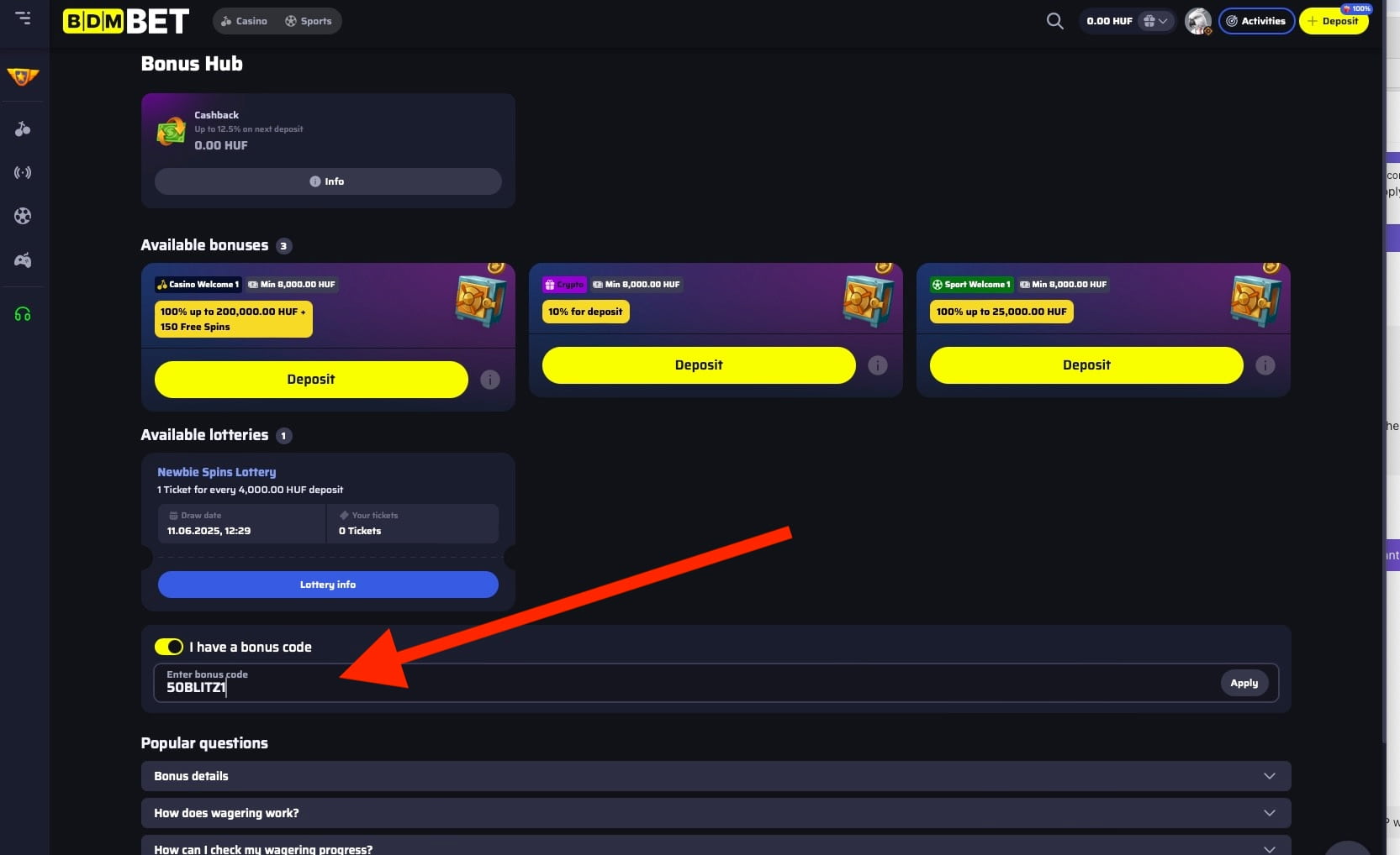 Visit the Bonus Hub at BDMBet and enter the 50BLITZ1 promo code