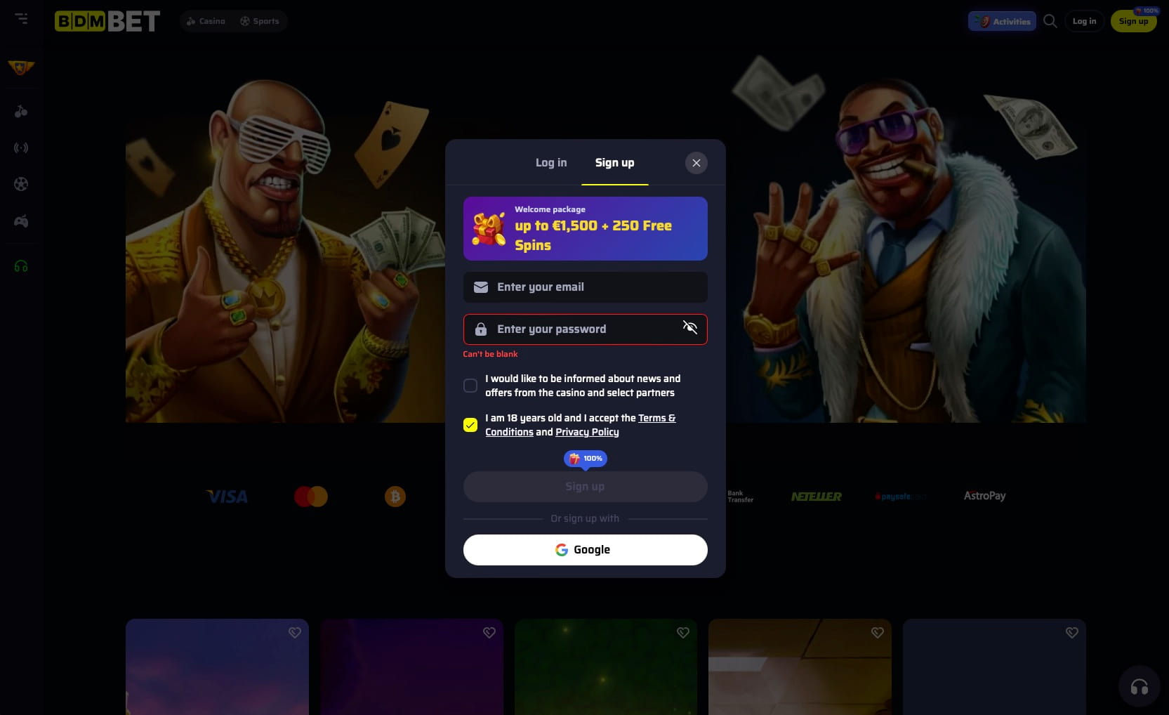 Starting the registration process at BDM Bet Casino.