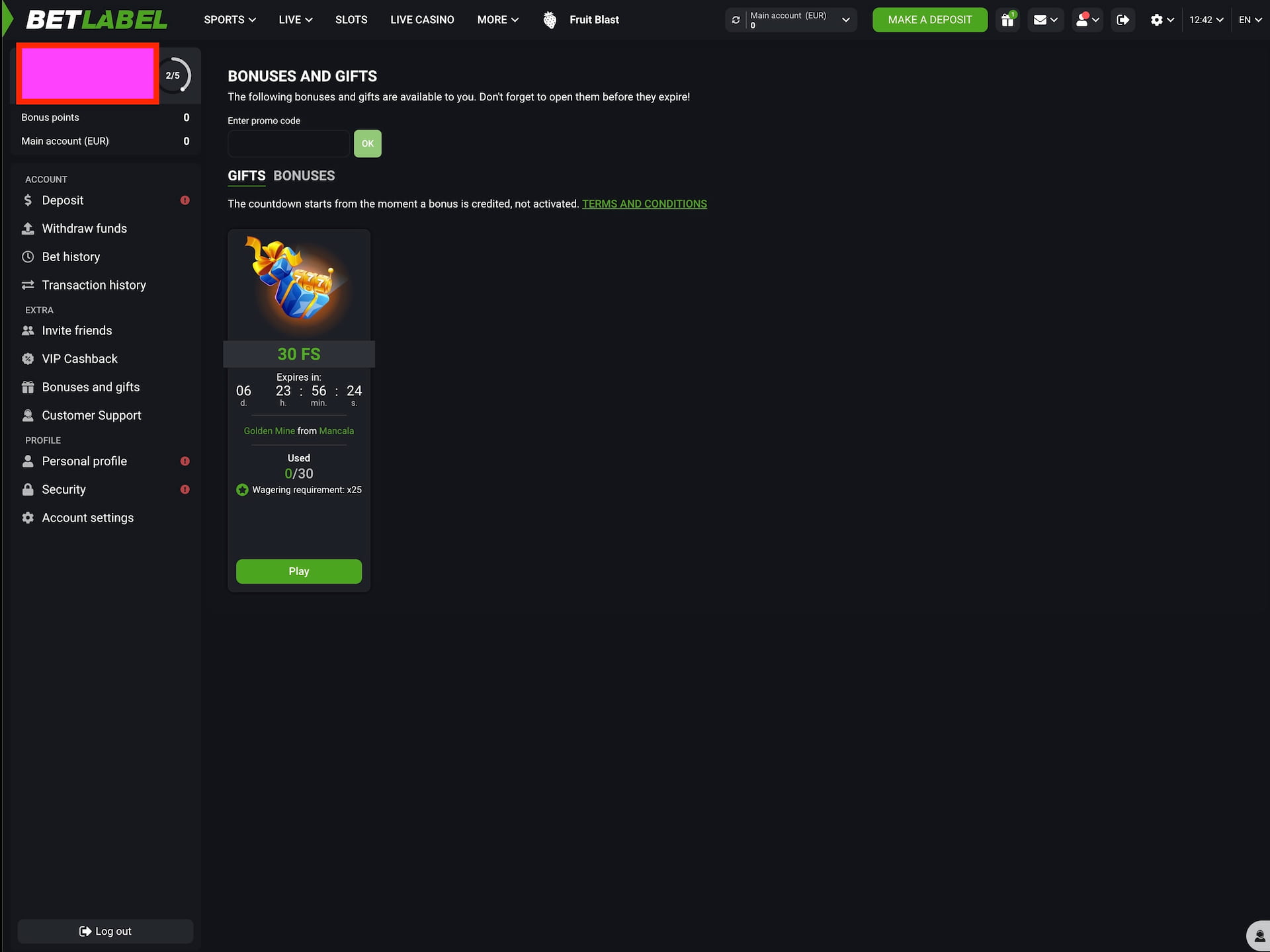 Visit the Bonuses menu and navigate to the Gifts tab. You will find the 30 Free Spins bonus here, which you need to activate.