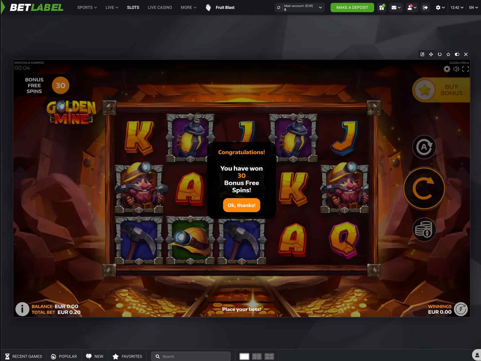 Launch the Golden Mine game and receive the 30 free spins