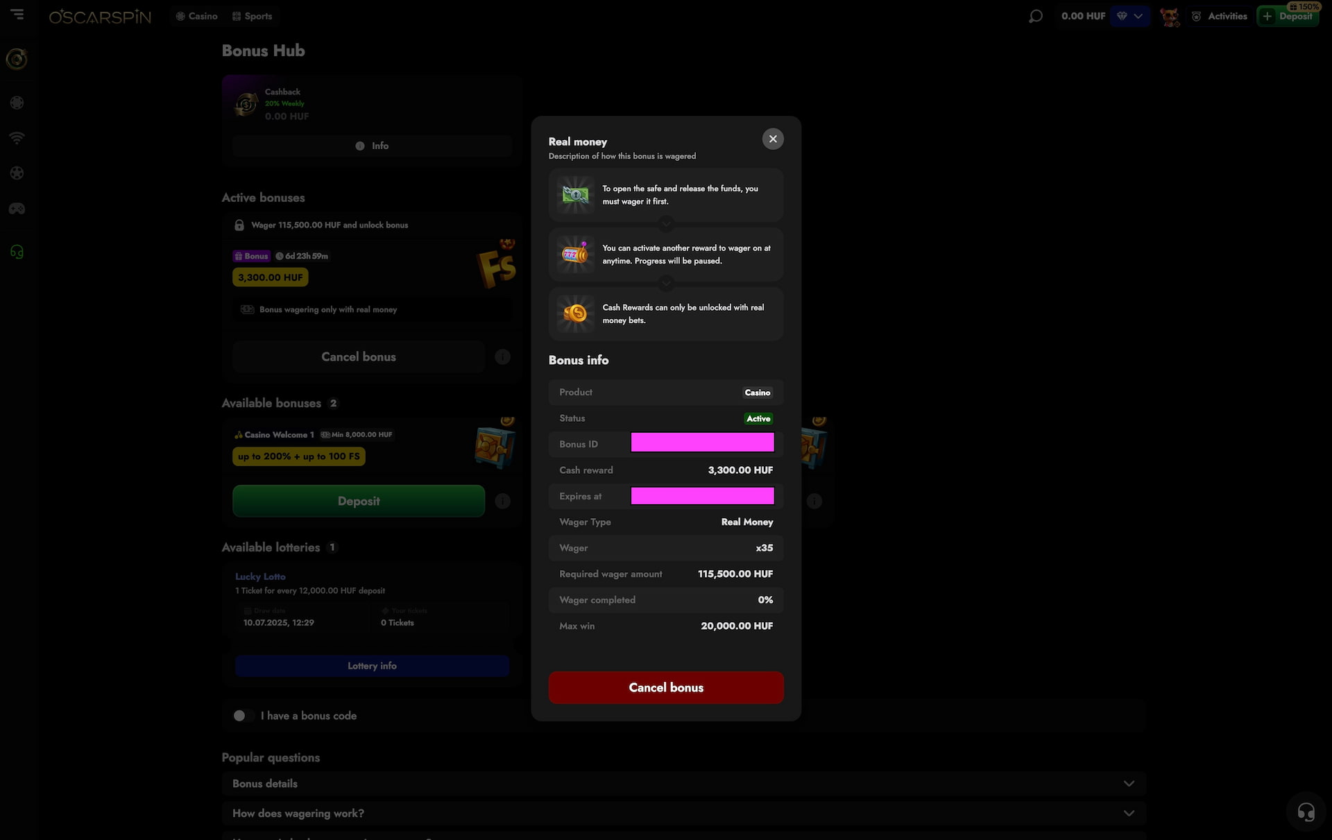 The wins from the free spins show up as new bonus on the Bonuses Hub page.