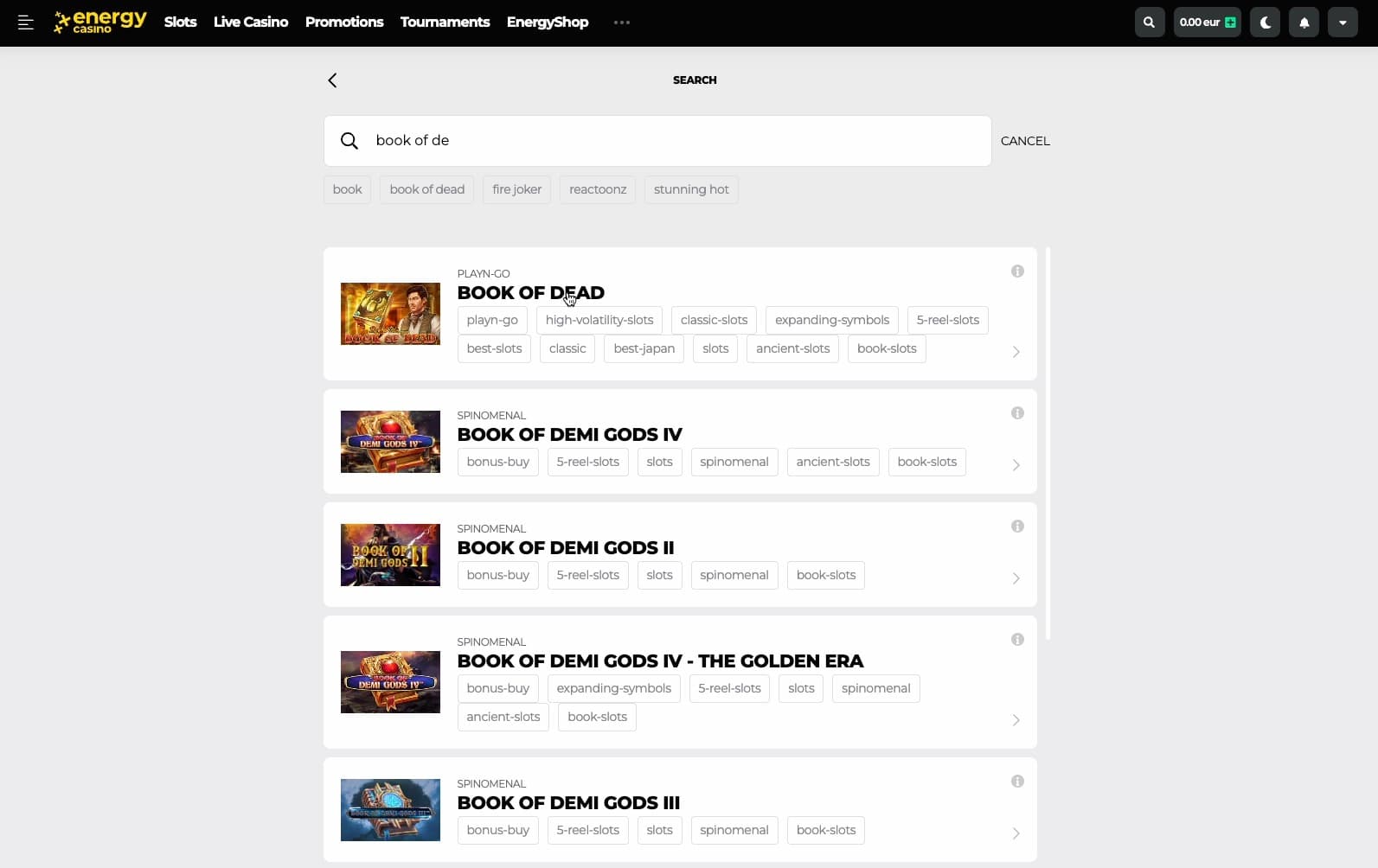 Search for the Book of Energy Casino slot at Energy Casino.