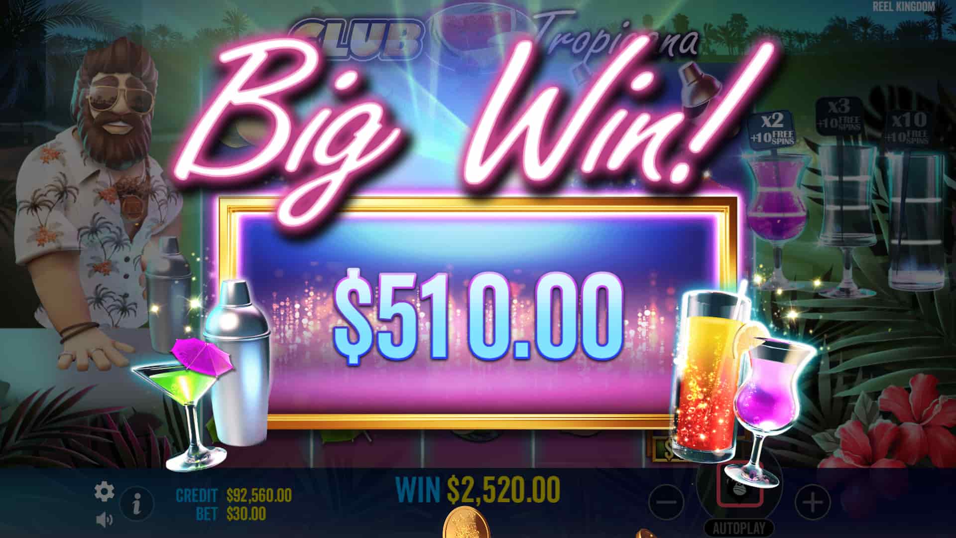 Big Win Screen - Club Tropicana slot game