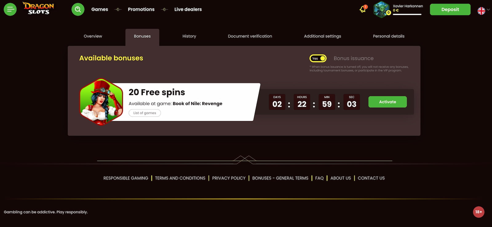 20 Free Spins received in the Bonus Menu within our profile