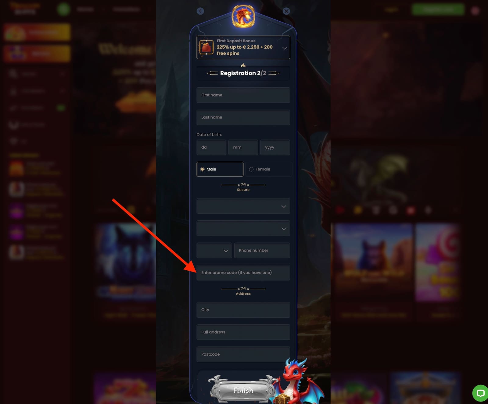 Enter personal details and the CASINOLOVE promo code.