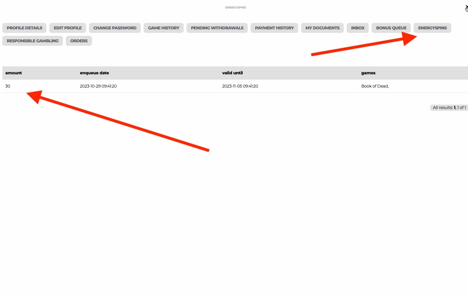 Energyspins menu within our Energy Casino profile shows the 30 Free Spins