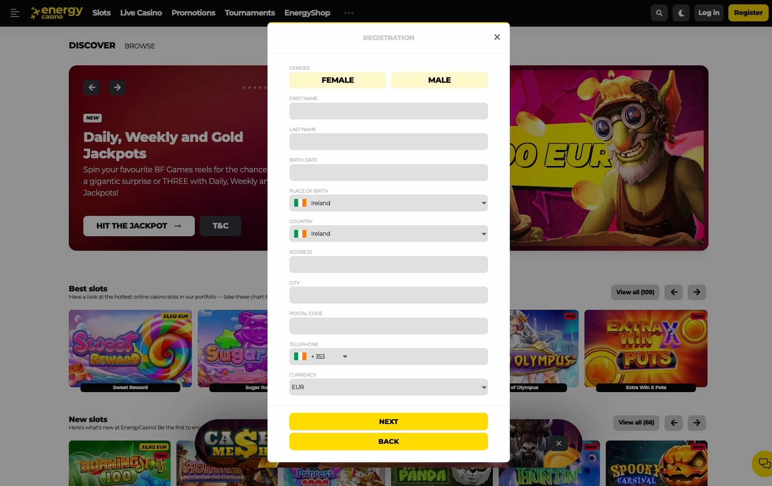 Second step of registration at Energy Casino requires our personal details.