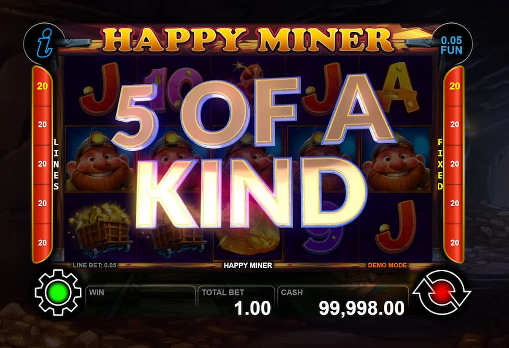 5 of a Kind Win Screen - Happy Miner slot game