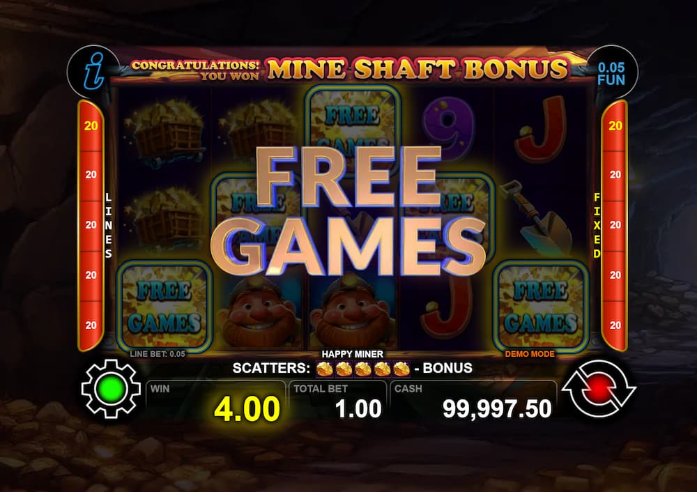 Free Games Win Screen - Happy Miner slot game