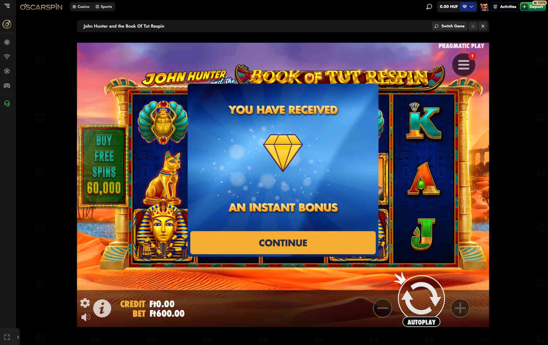 Instant bonus received