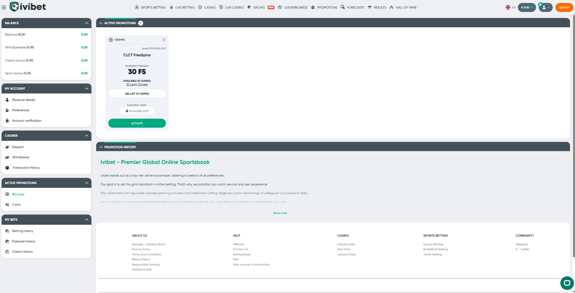 Ivibet bonus menu showing 30 free spins ready for activation