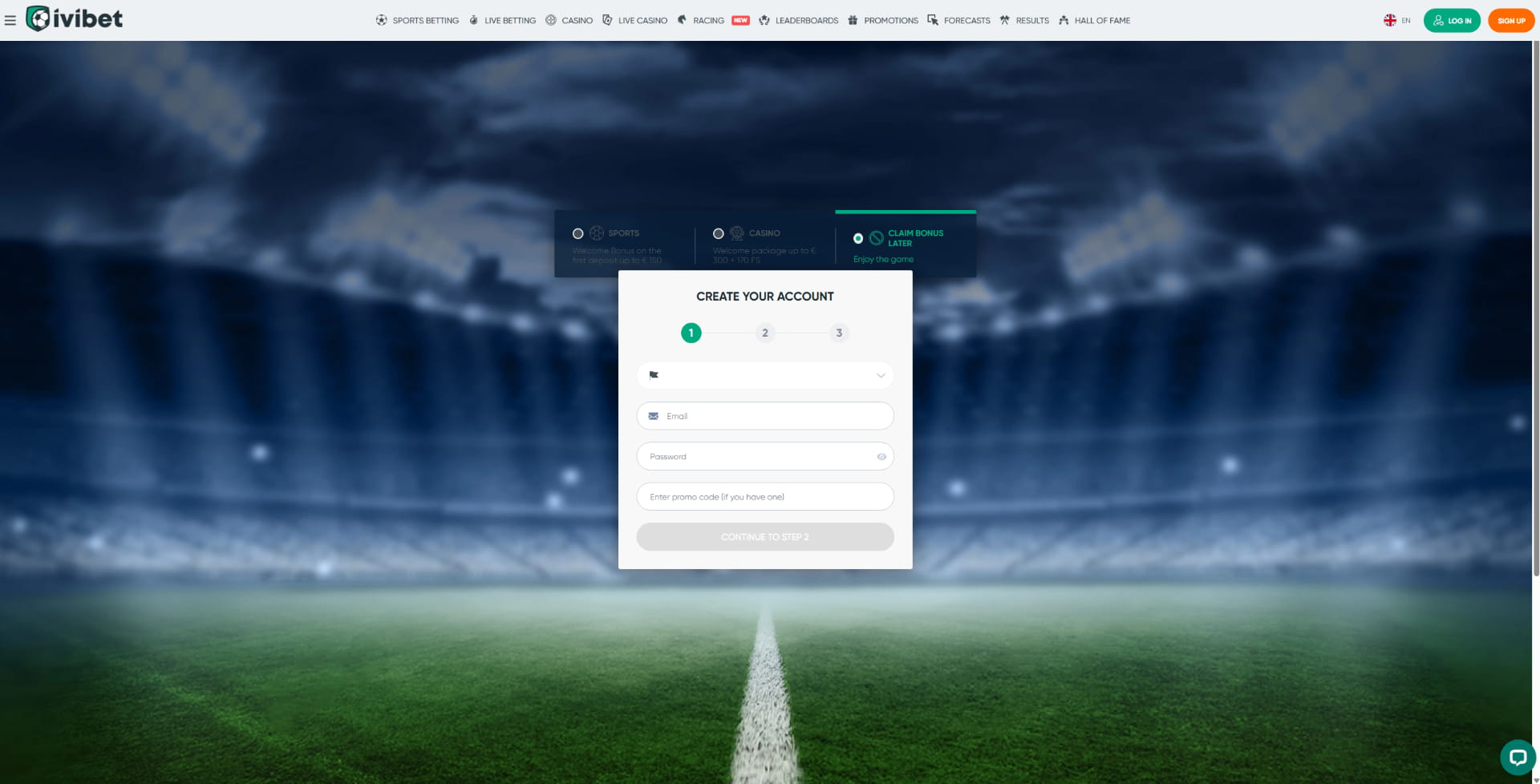 Ivibet registration form: enter promo code CLCT for free spins