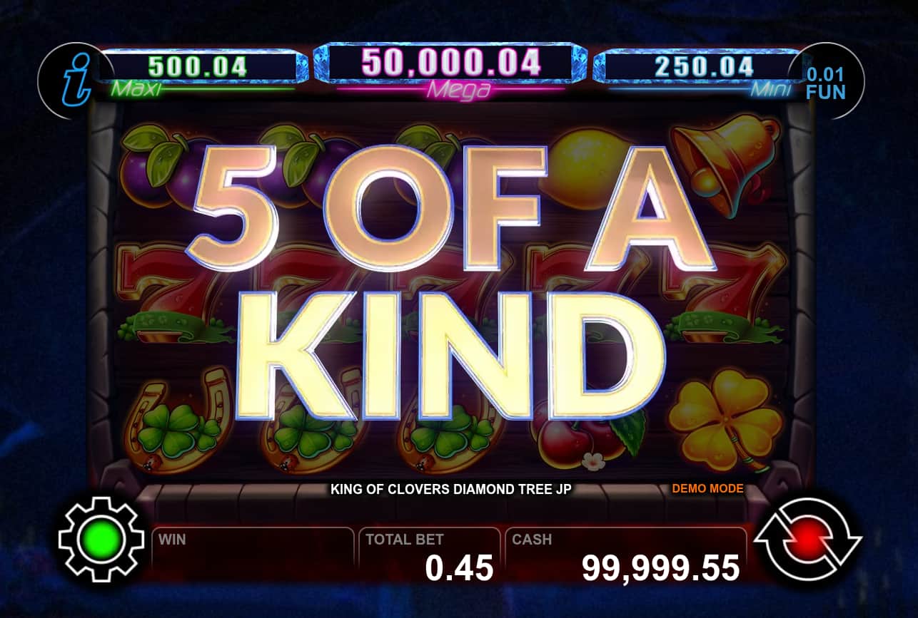5 of a Kind Win Screen - King of Clovers Diamond Tree Jackpot slot game